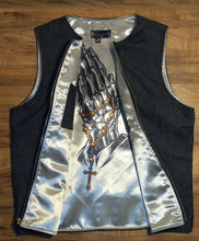 Load image into Gallery viewer, VEST - raw denim silver praying hands

